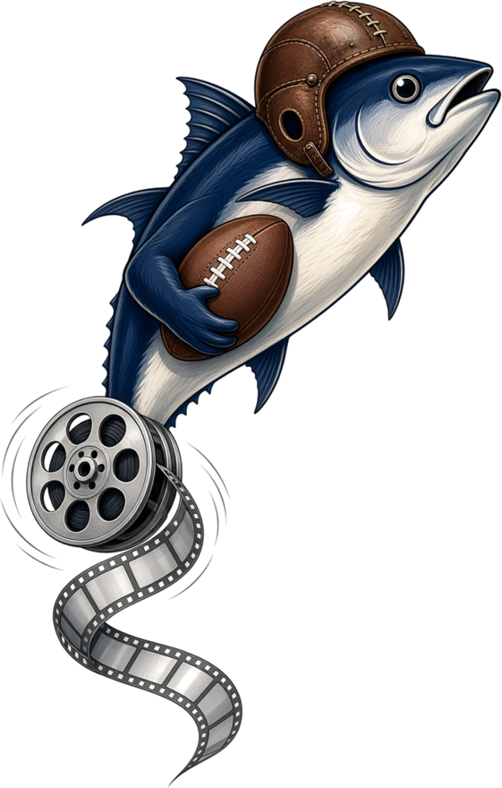 The ReelTuna mascot — a tuna in a leather football helmet carrying a football, trailing film off a reel